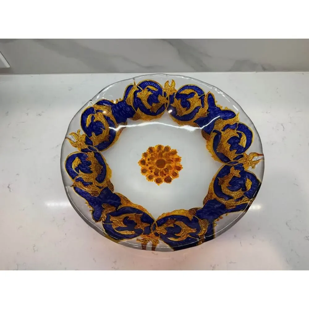 Blue & Gold Versace-Style Italian Glass Bowl Centerpiece